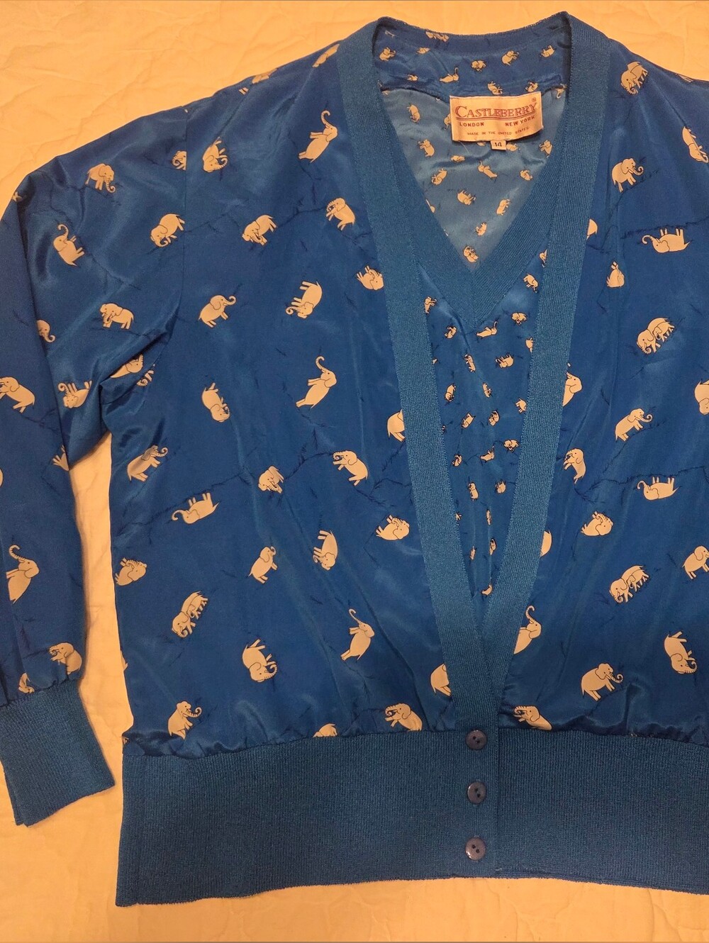 VTG 1970s/1980s Castleberry Blue Elephant Print 2-Piece Twinset Top & Cardigan L